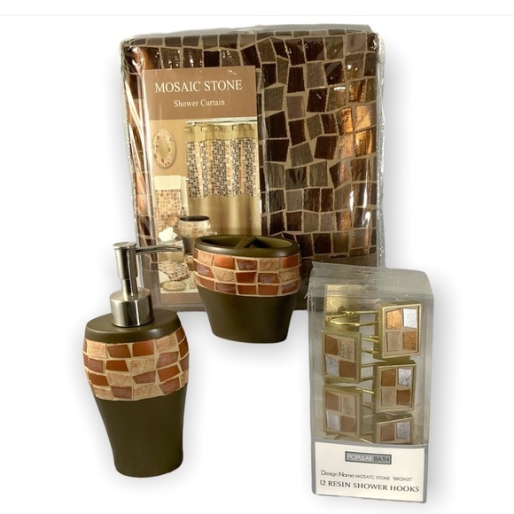 Mosaic Bathroom Set Curtain Hooks Soap Dispenser Toothbrush Holder 4 PC Set - Picture 1 of 15